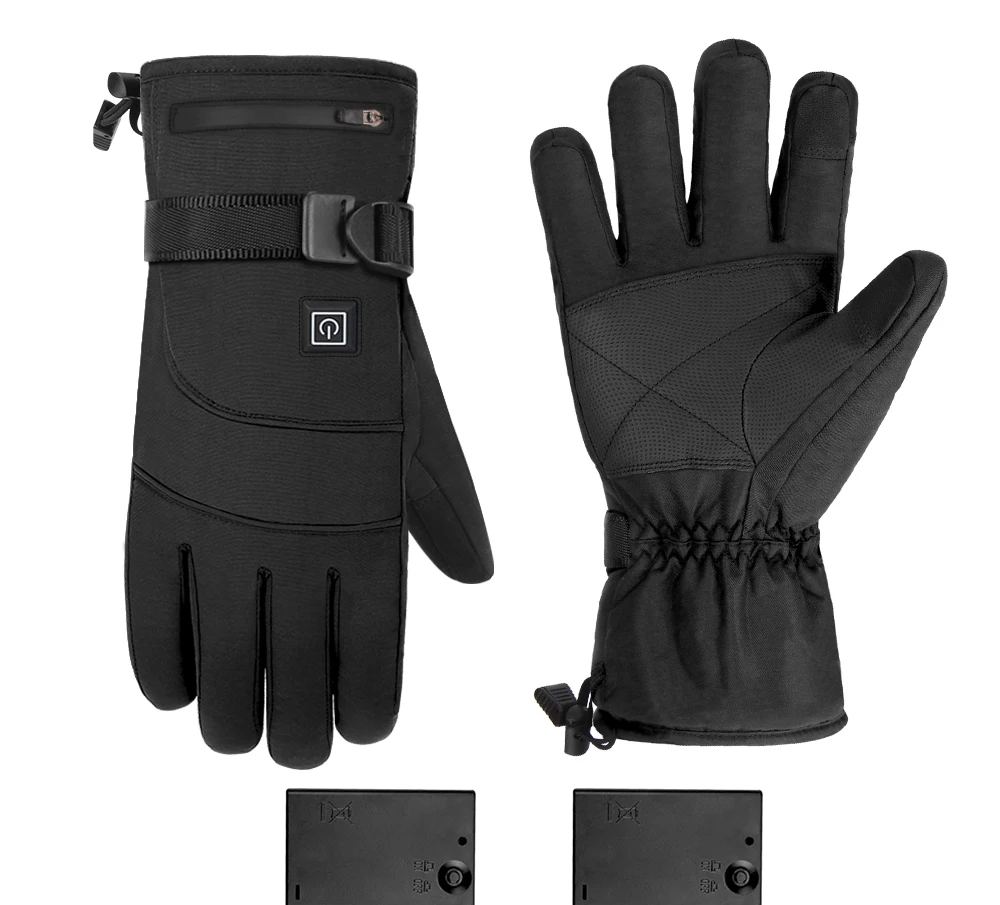 Pair of black Warmhold heated gloves with their two battery cases
